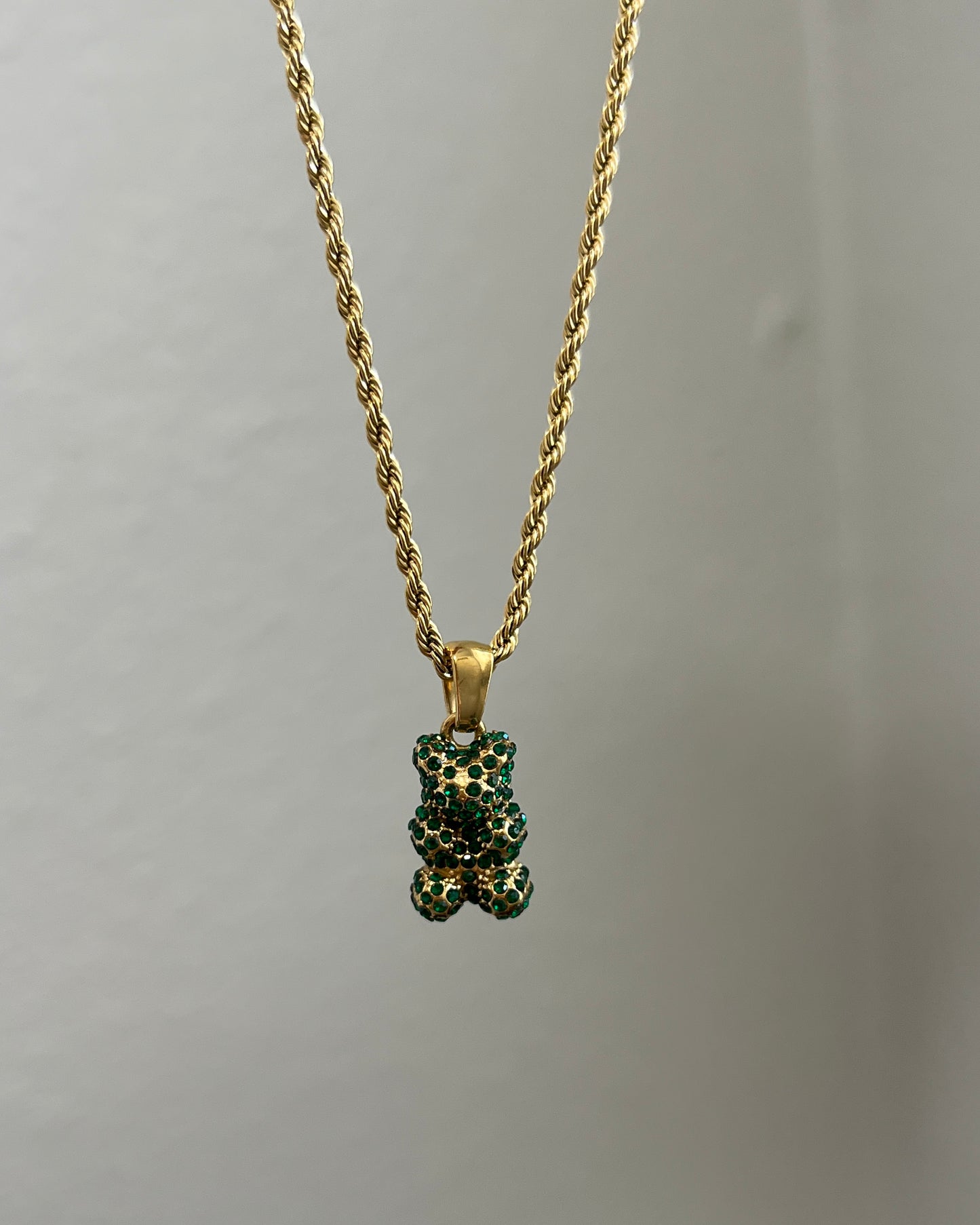 Green diamond teddy bear necklace