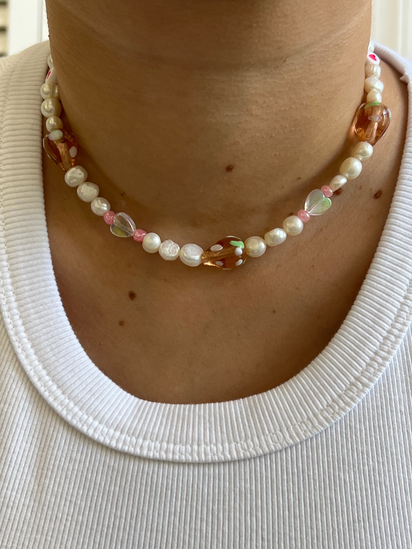 Pink strawberry pearl necklace